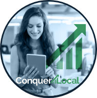 Circle image with the ConquerLocal logo and a smiling woman using a tablet